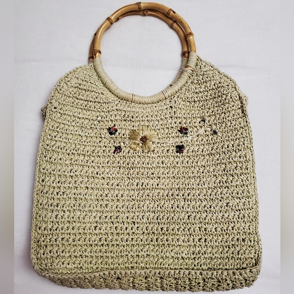 Vintage Fun Summer Straw Handbag With Bamboo Handles Floral Embroidered Boho - Picture 1 of 13